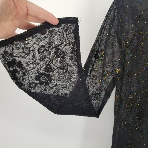 MOS4 sheer blouse bell sleeves black multicolored sparkle velvet floral L - Picture 6 of 7